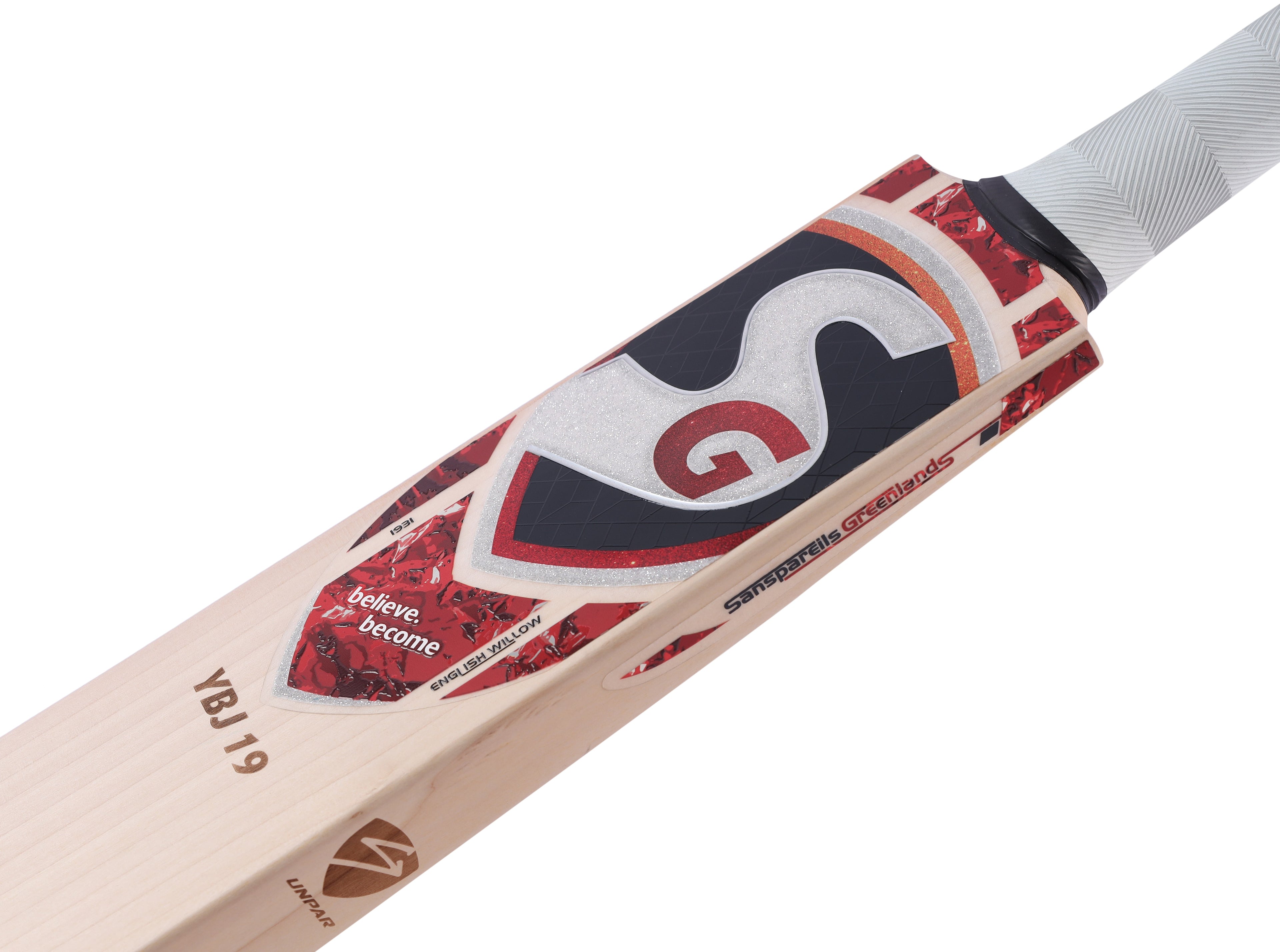 SG YBJ 19 Player Edition Grade 1+ English Willow cricket bat front close up view