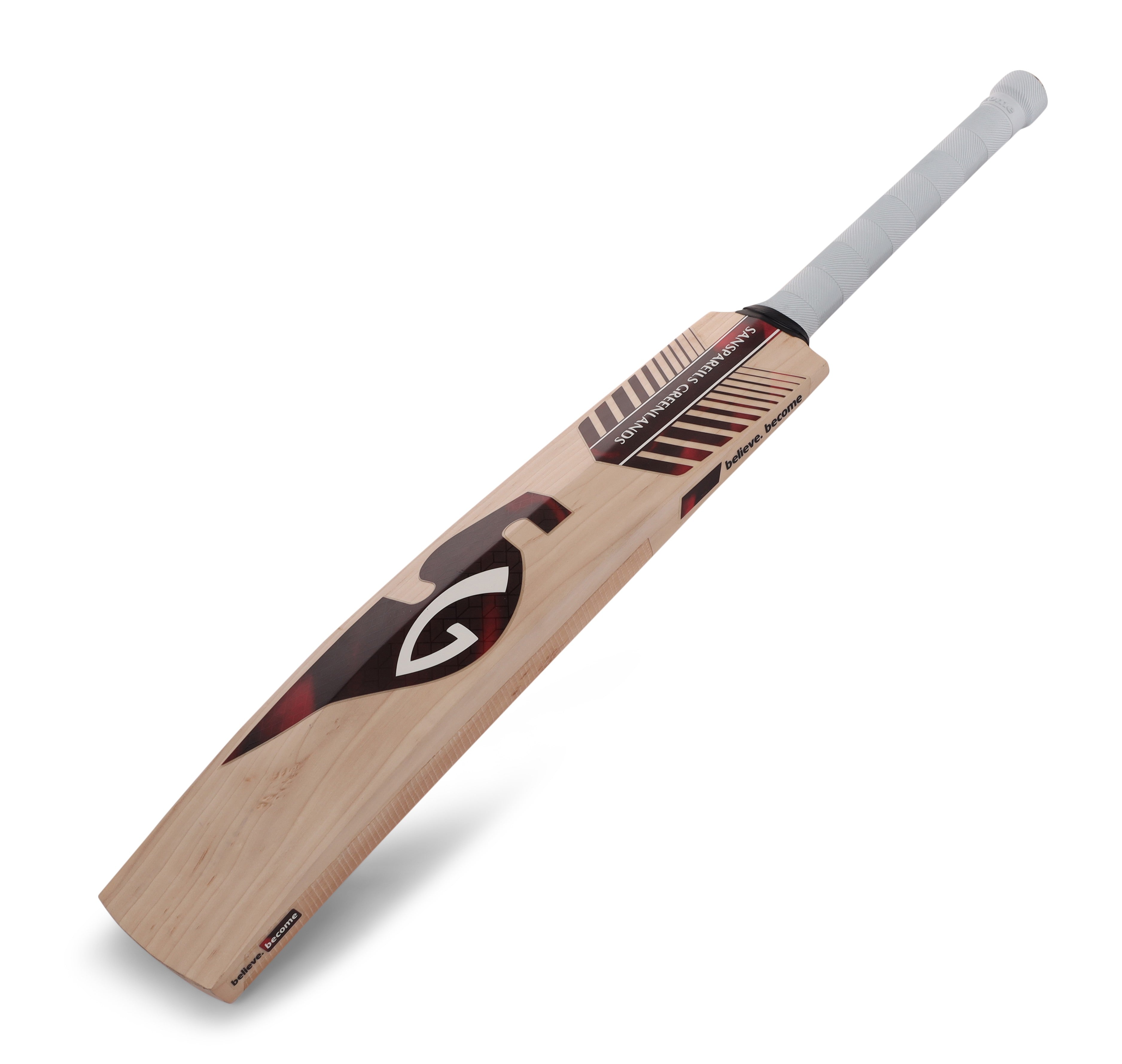 SG Sunny Tonny Icon hard-pressed leather ball optimized bat, grip and handle detail view