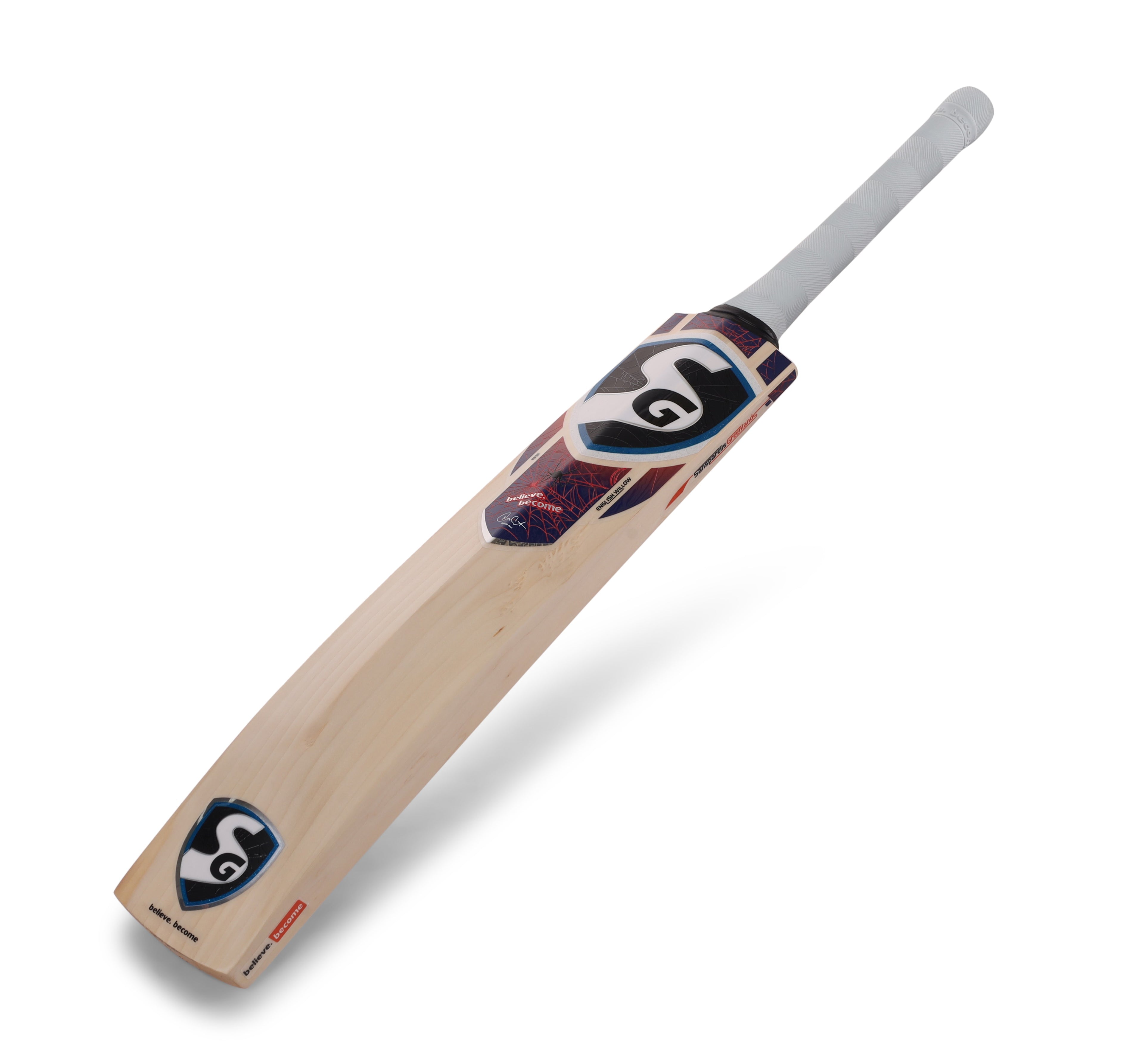 SG RP 17 bat showing STR8BAT sensor technology and traditional shaping back view, grip and handle detail