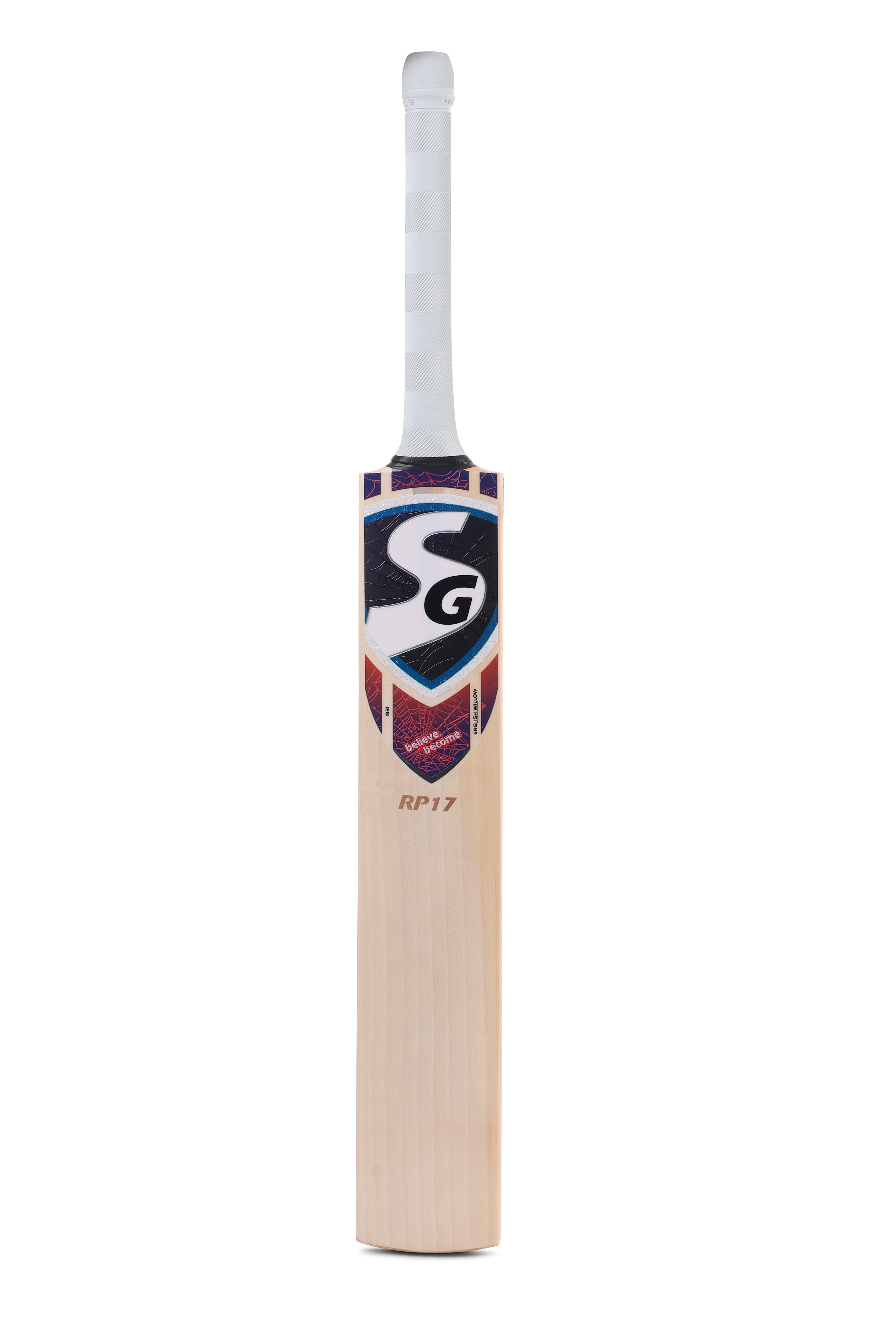 SG RP 17 Grade 1 English Willow cricket bat with orange grip and STR8BAT sensor front view