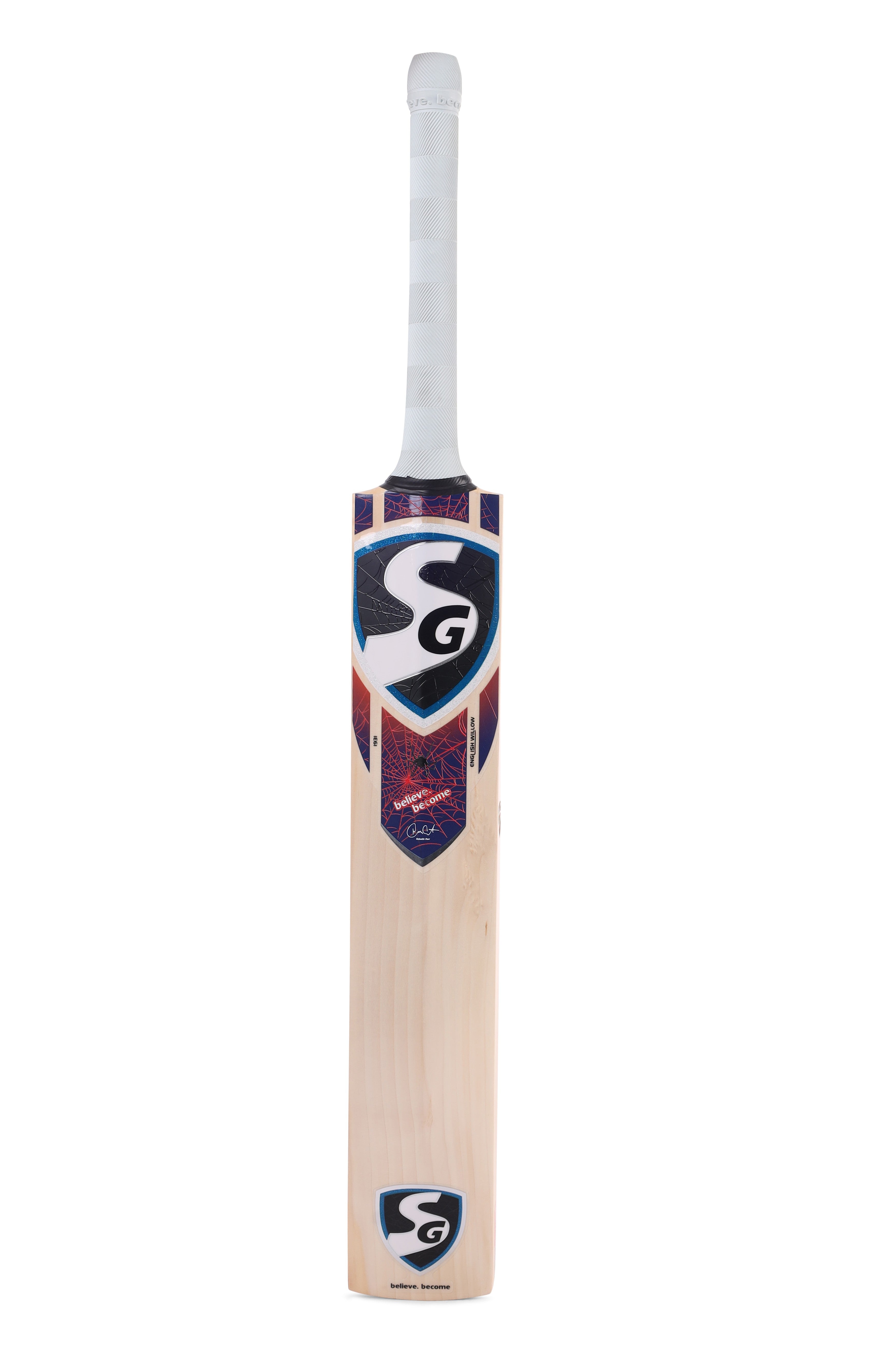 SG RP 17 Grade 1 English Willow cricket bat with orange grip and STR8BAT sensor back view