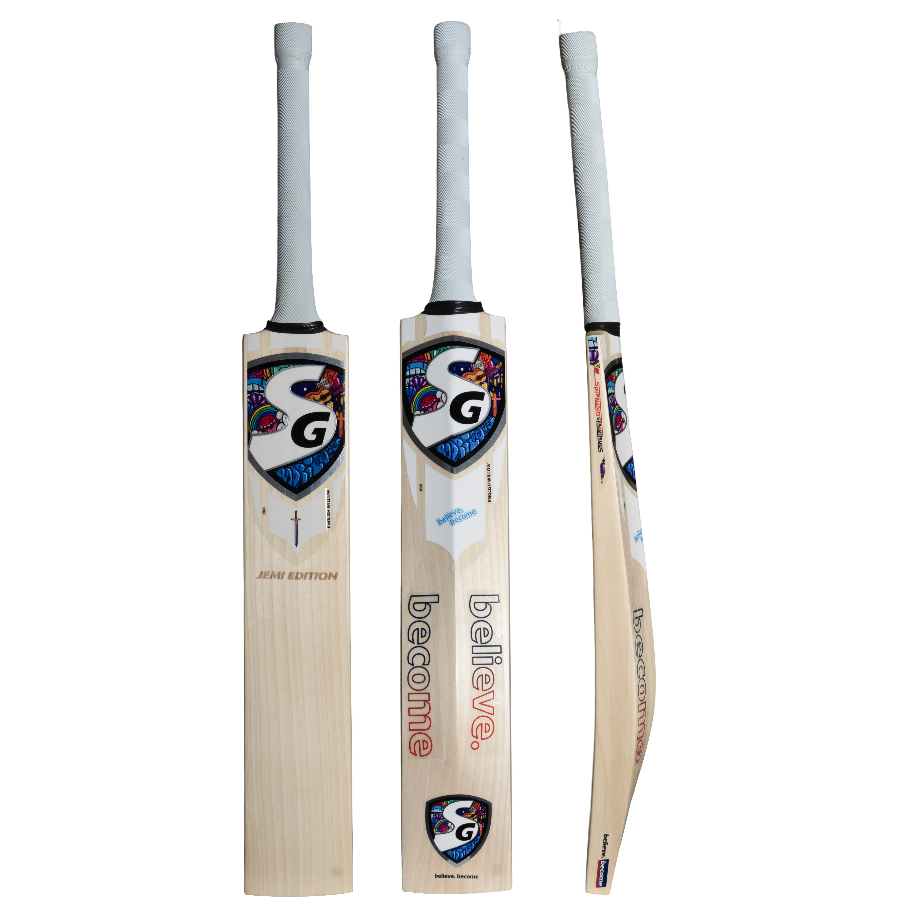 SG Jemi Edition professional-grade cricket bat, full view and handle and grip detail