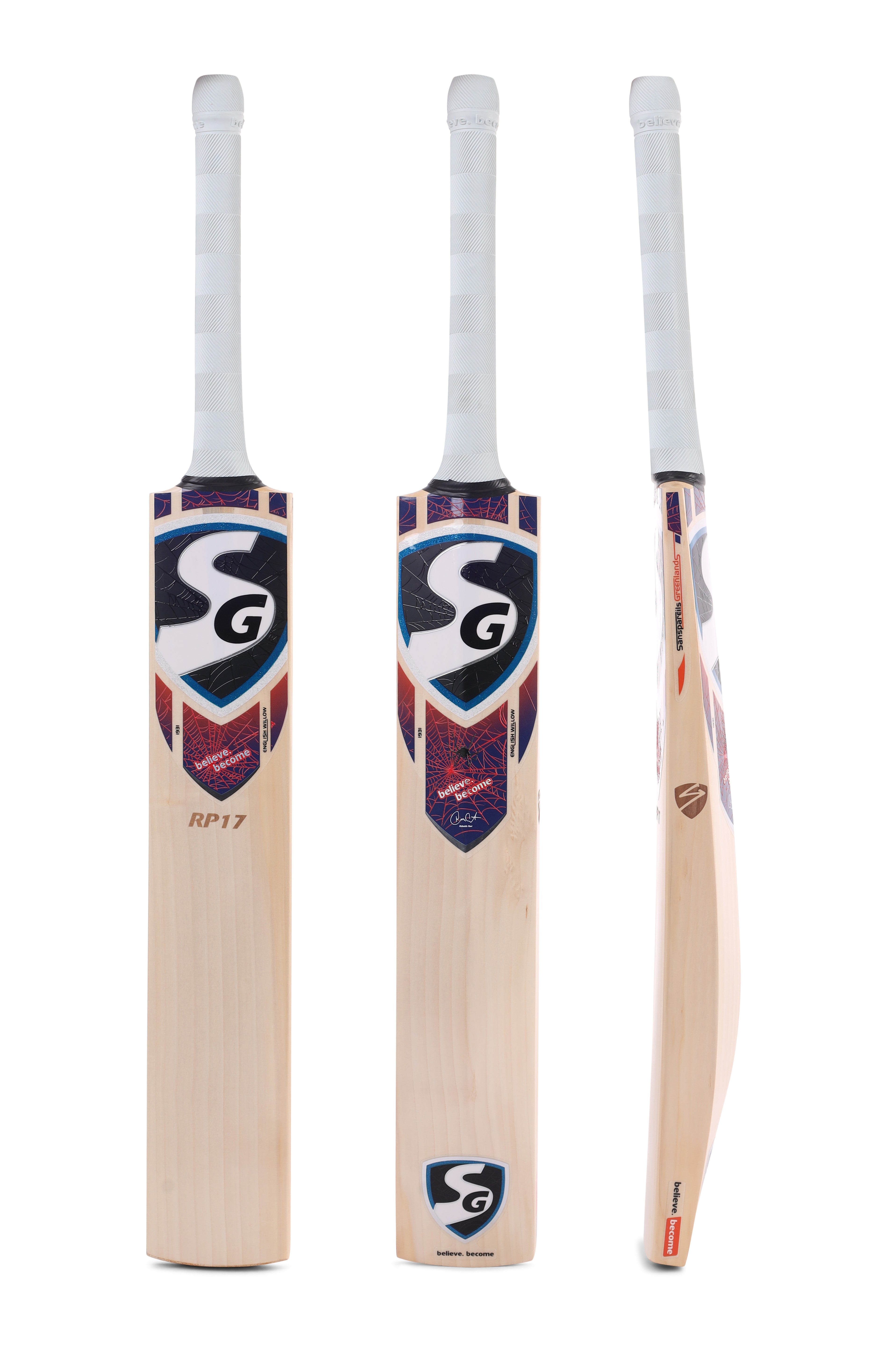 SG RP 17 Grade 1 English Willow cricket bat with orange grip and STR8BAT sensor full view