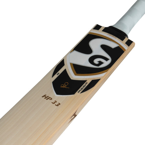 SG HP 33 Top Grade 1 English Willow cricket bat with STR8BAT sensor close up front view