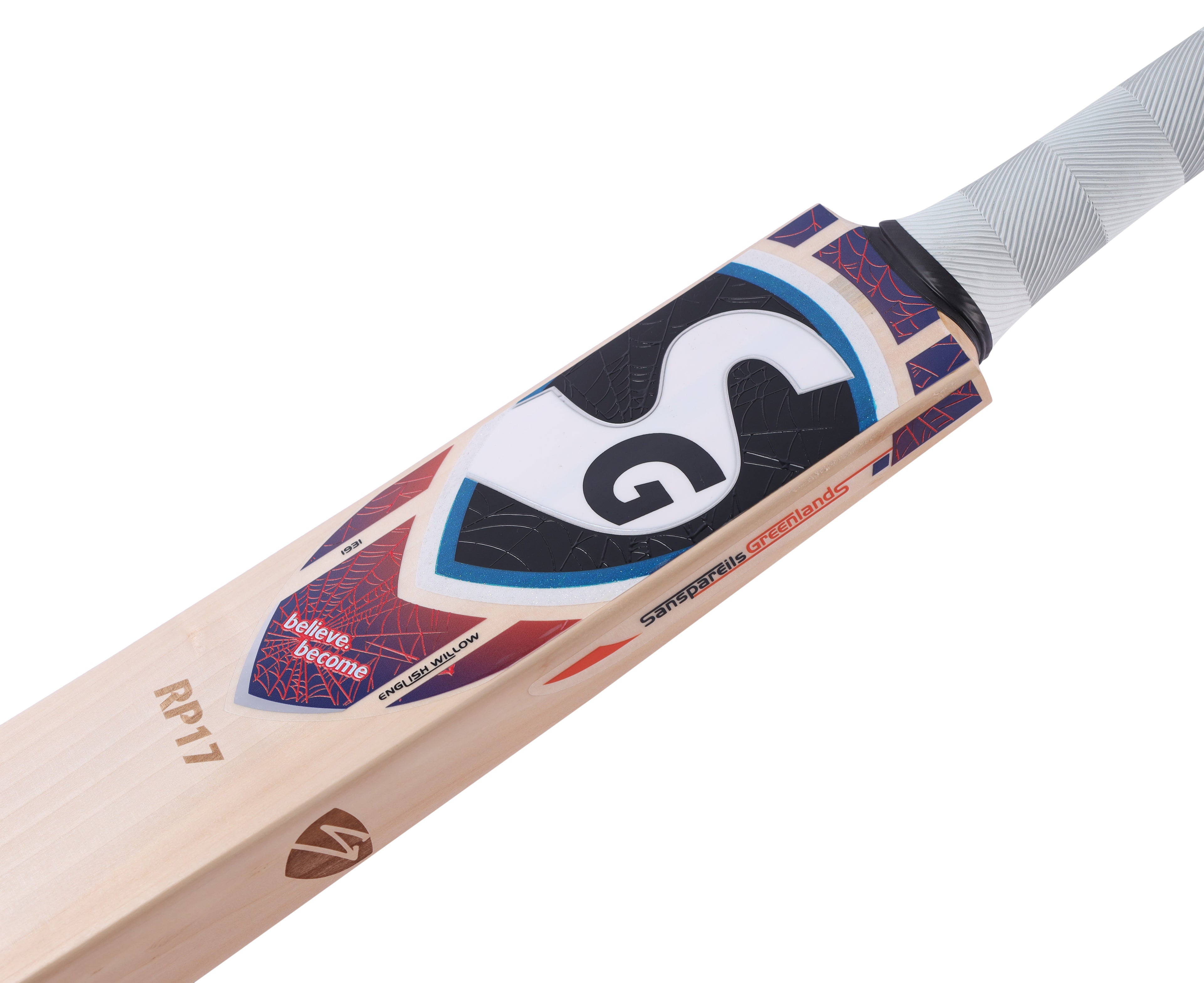 SG RP 17 Grade 1 English Willow cricket bat with orange grip and STR8BAT sensor front view close up